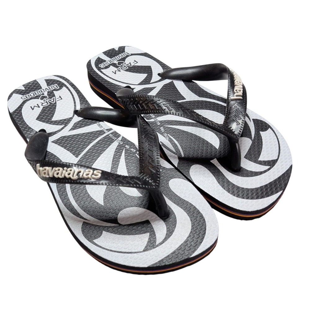 Havaianas x FARM Rio Flip Flops Women's 6 Men's 5 Black White Swirl Sandals